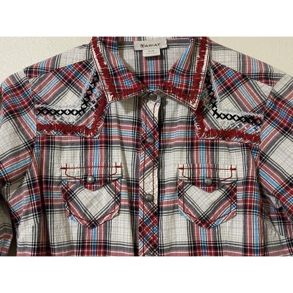 Ariat Women's Western Long Sleeve Metal Snap Button Small Plaid Shirt Red Gray - Picture 7 of 9